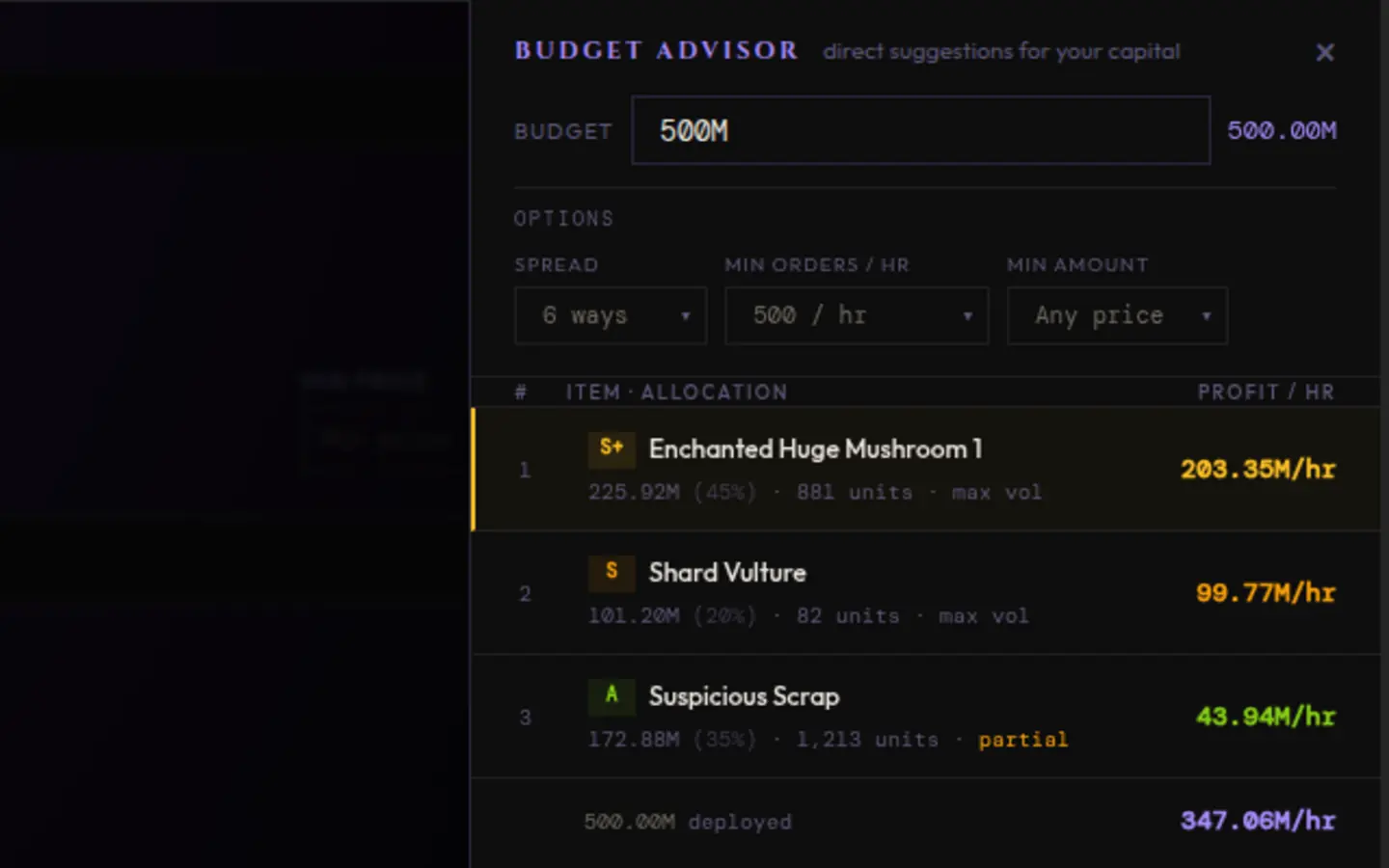 Gnarps budget advisor distributing five hundred million coins across three filtered bazaar opportunities