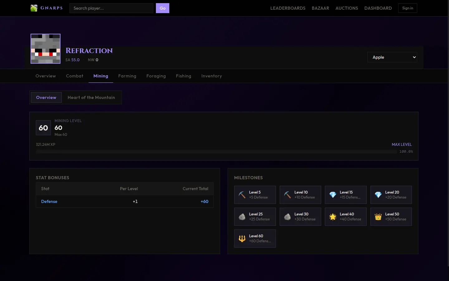 Gnarps mining profile for Refraction showing maximum mining level, stat bonuses and progression milestones