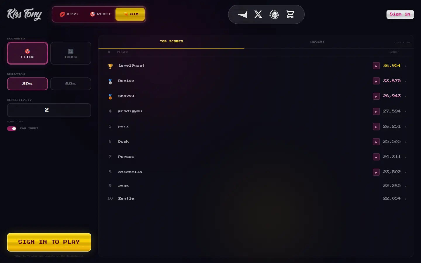 Kiss Tony aim trainer with flick and tracking scenarios, settings, a public leaderboard and replay controls