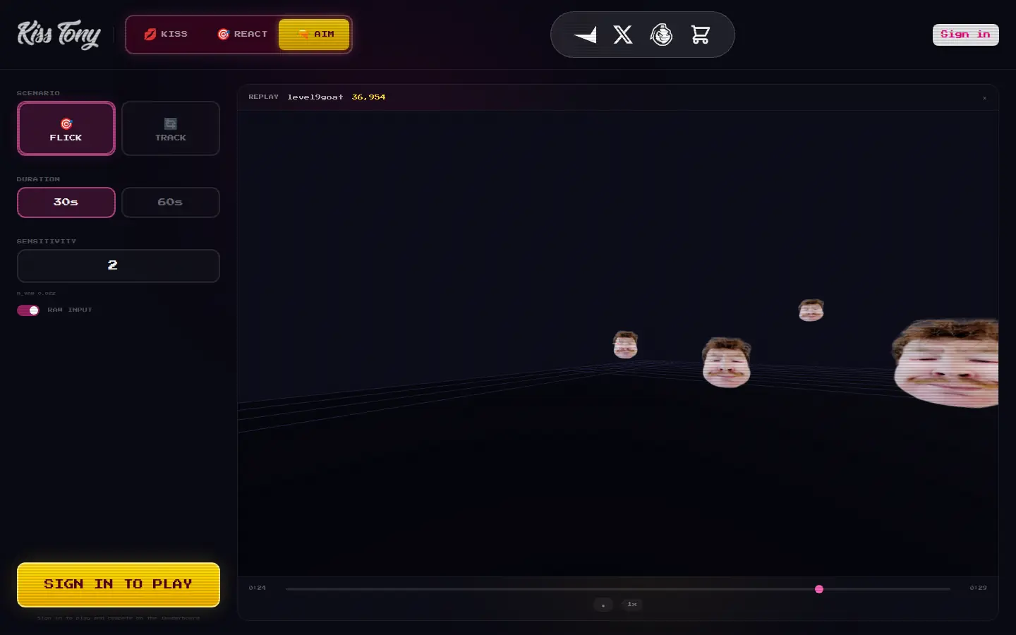 Three-dimensional playback of a Kiss Tony flick-training leaderboard run with targets at different depths