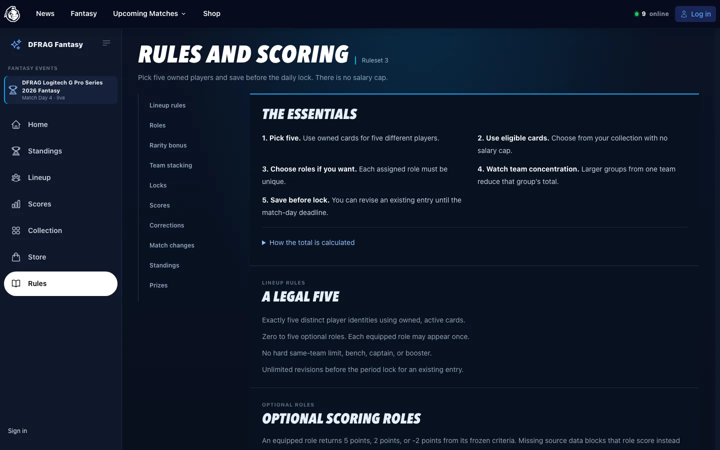 DFRAG Fantasy rules and scoring page with the lineup essentials and a chapter index