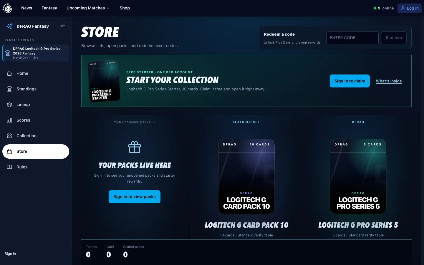 DFRAG Fantasy store with a free Logitech G Pro Series starter pack, code redemption and featured card packs